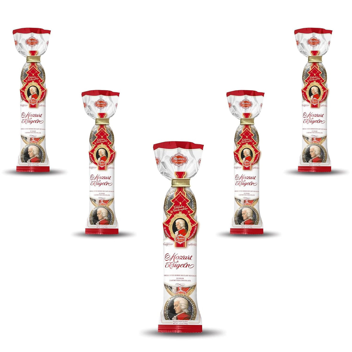 Palline Reber Mozart - 5 buste da 5 caramelle nell'edizione natalizia - Autentiche palline Reber Mozart, fatte di cioccolato fondente, marzapane e torrone