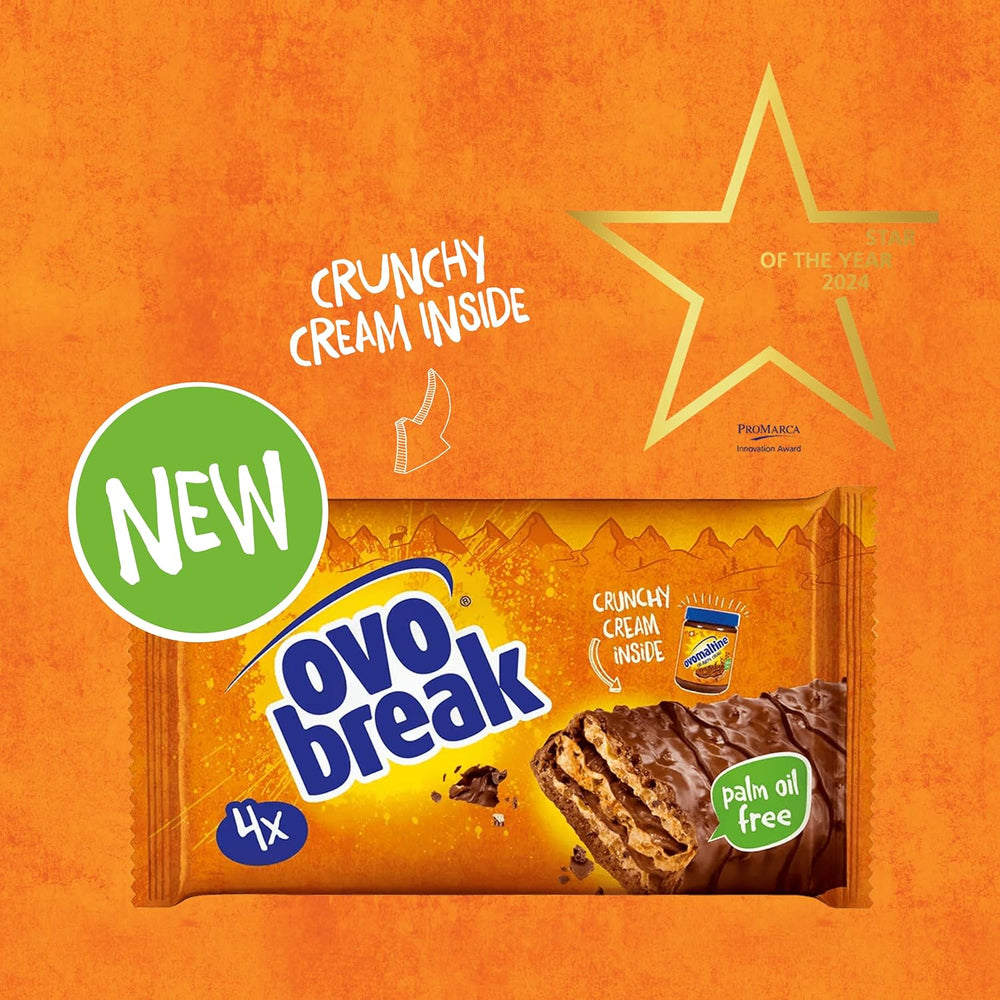 Ovomaltine OVO BREAK Barretta Wafer e Cioccolato - uno snack croccante dal gusto inconfondibile della nostra apprezzata Creme Crocante, naturalmente senza olio di palma (4 x 39g)