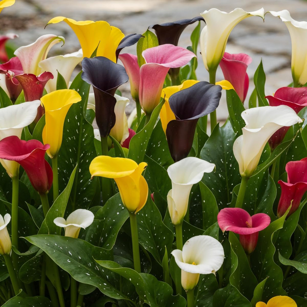 Calla Lilien Zwiebeln Winterhart Mehrjährig - Zantedeschia - 10 große Blumenzwiebeln, 5 Sorten Mix - Echte Pflanzen aus Holland - für Garten und Topf (grosse Knollen, kein Samen und nicht künstlich)