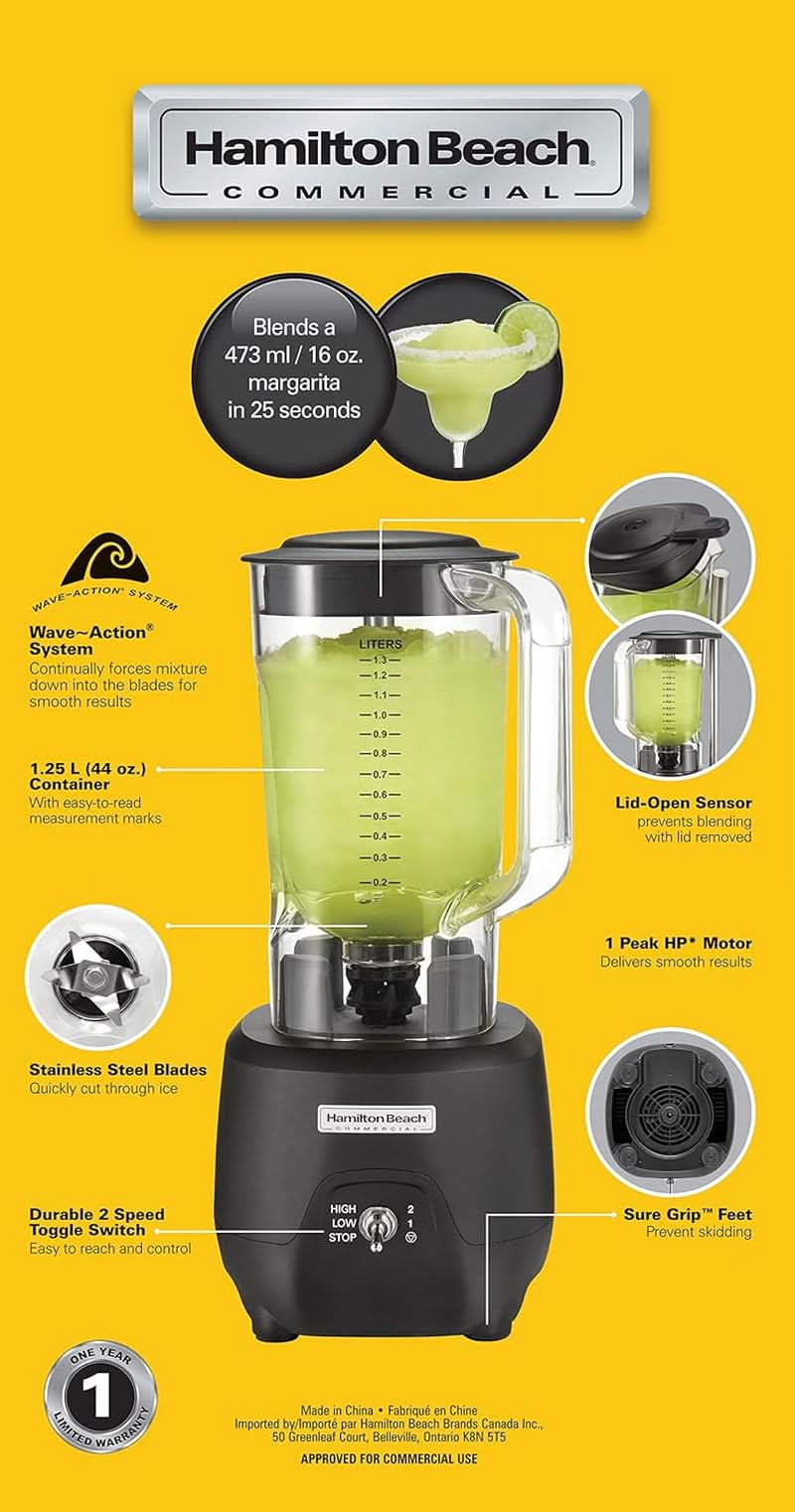 Frullatore da bar Hamilton Beach Commercial® 908®R, HBB908R-CE, 1 HP, contenitore in policarbonato da 1,3 L, 2 velocità, 220-240 V, Nero Cucina Naty Shop