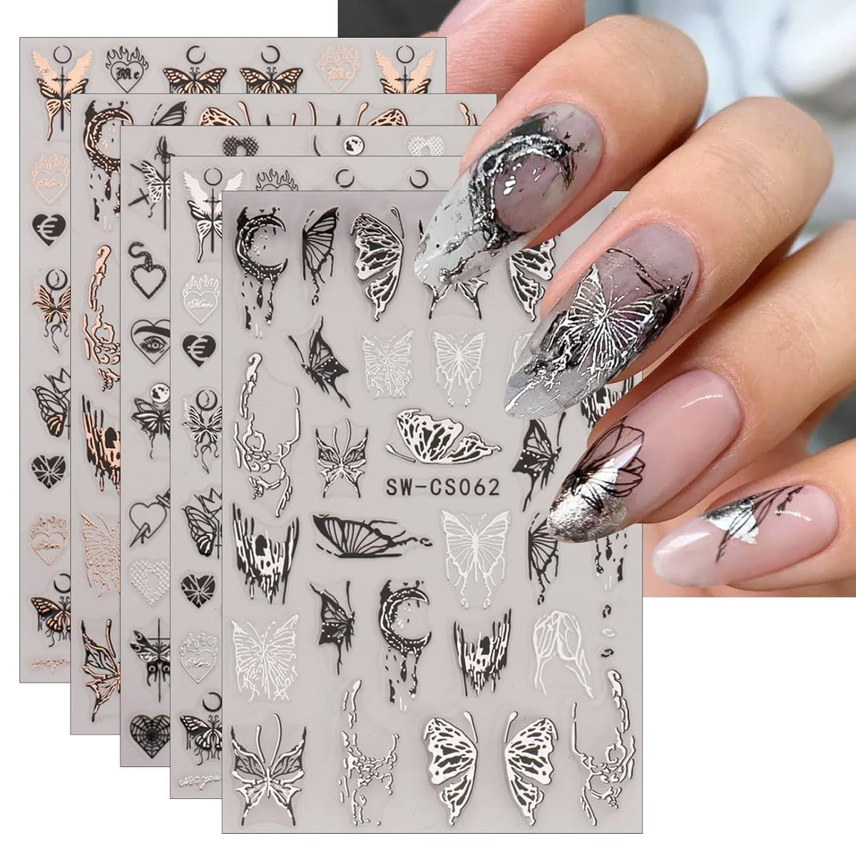 JMEOWIO Nagelsticker Schmetterling 9 Blatt Nail Art Sticker Selbstklebend Nagelaufkleber Mond Dekoration Nageldesign Zubehör