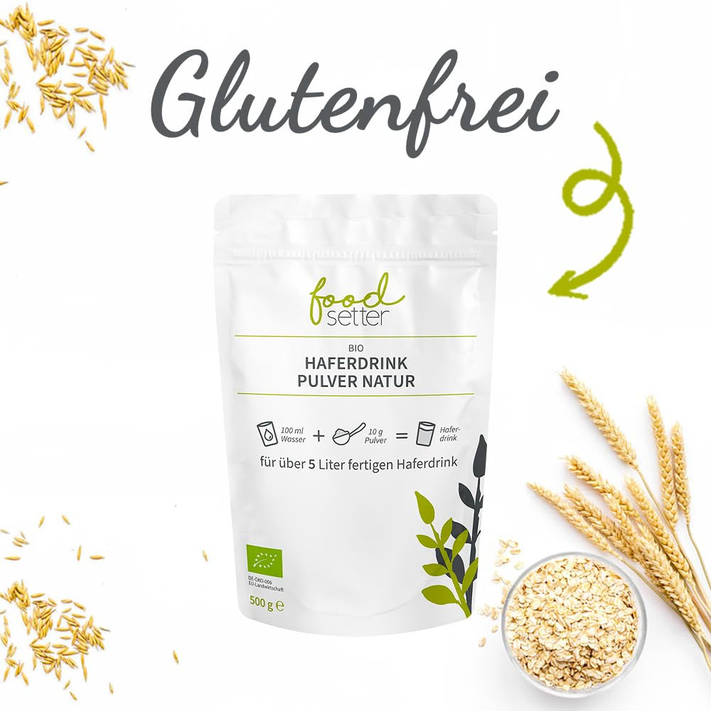 foodsetter Bio Haferdrink Pulver | Busta da 500 g | Haferpulver | Haferpulver istantaneo | Bio-Qualità | Vegano | Senza glutine | Ohne Zuckerzusatz | 0,5 chilogrammi