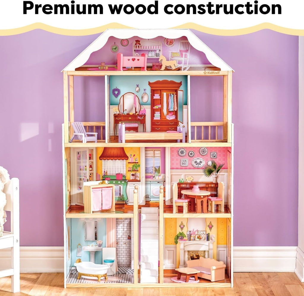 Casă de păpuși din lemn Kidkraft Charlotte cu mobilier și accesorii, casă de păpuși în stil clasic pentru păpuși de 30 cm, jucărie pentru copii de la 3 ani, 65956 Casute de papusi Naty Shop