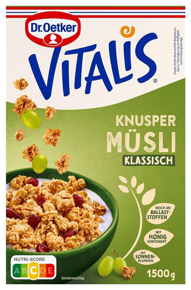 Dr. Oetker Vitalis Classic Crispy Muesli: confezione grande di muesli croccanti per la colazione con uvetta, 1 confezione, 1,5 kg