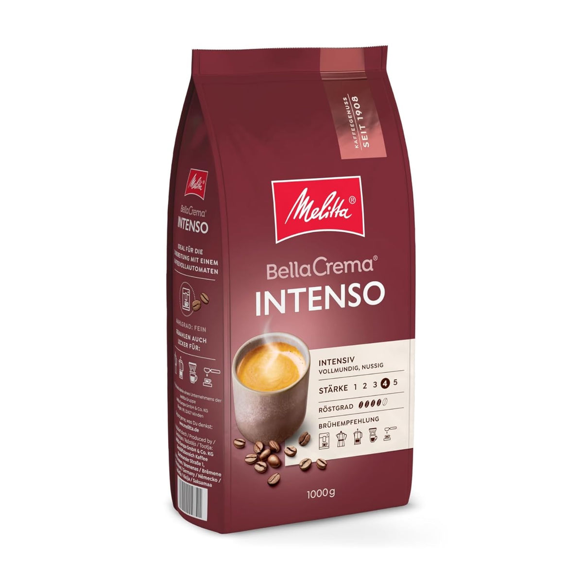 Melitta BellaCrema Intenso Ganze Kaffee-Bohnen 1kg, ungemahlen, Kaffeebohnen für Kaffee-Vollautomat, kräftige Röstung, geröstet in Deutschland, Stärke 4