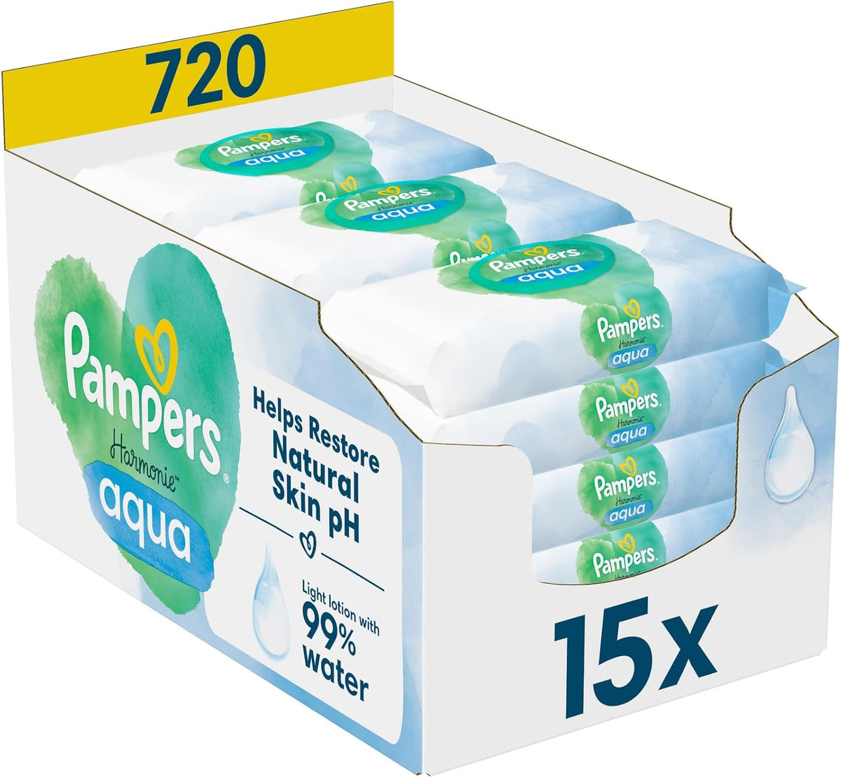 Salviettine umidificate Pampers Harmony Aqua, 15 confezioni da 48 salviette ciascuna - 720 salviette in totale, aiutano a ripristinare l'equilibrio naturale del pH della pelle, lozione leggera al 99% di acqua