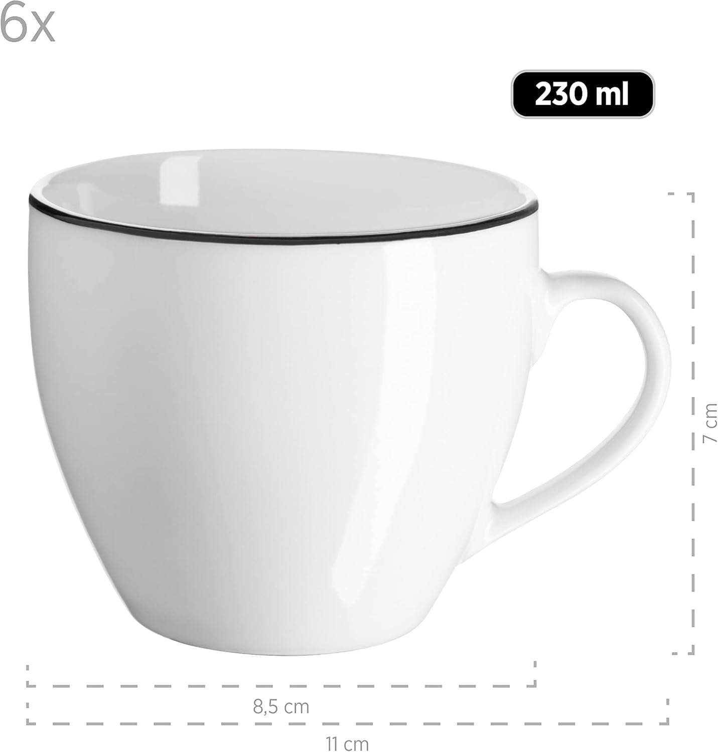 Mäser, seria Nola, serviciu modern de cafea pentru 6 persoane, alb cu margine neagră, set de veselă cu 18 piese, cești de cafea, farfurioare și farfurii de desert - serviciu rotund de cafea, set de cafea, alb