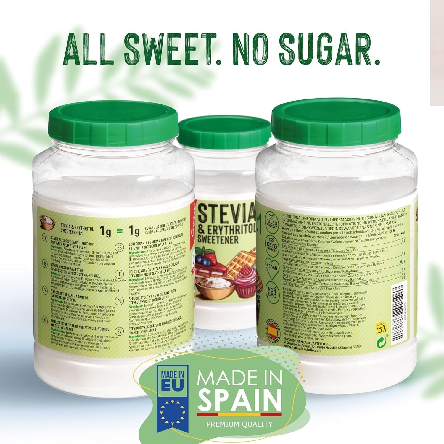 Stevia + eritritolo 1:1 sostanza nutriente | 1G = 1GZucker | 100% Zuckerersatz naturale - 0 Kalorien - 0 Glykämischer Index - Keto und Paleo - 0 Netto-Kohlenhydrated - Kein GVO - Castello since 1907-1 Kg Dolcificanti Naty Shop