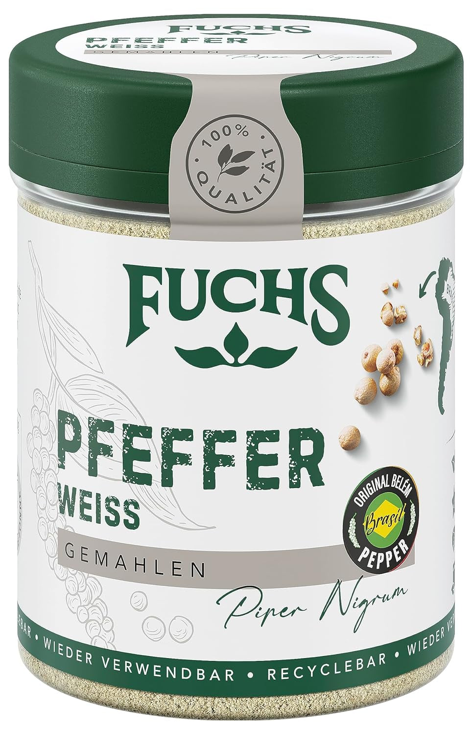 Fuchs Gewürze - Pfeffer weiß gemahlen - Pfeffer aus dem Amazonasgebiet, für helle Saucen, Fisch oder Suppen - natural Ingredients - 60 g in wiederverwendbarer, recyclebarer Dose