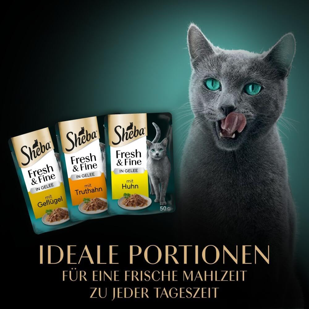 Sheba Portion Pouches Hrană umedă pentru pisici, pachet multiplu Fresh & Fine în jeleu cu curcan și pui, 6x6x50g - Hrană pentru pisici de înaltă calitate în jeleu cu curcan și pui