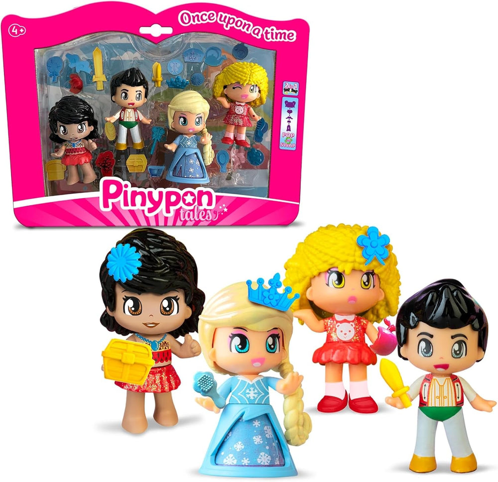 Pinypon – 4er-Pack Märchenfiguren, enthält Goldlöckchen, Eisprinzessin, Prinz der Wunderlampe und Meerprinzessin, über 20 thematische Accessoires, Famosa (PNY87000)