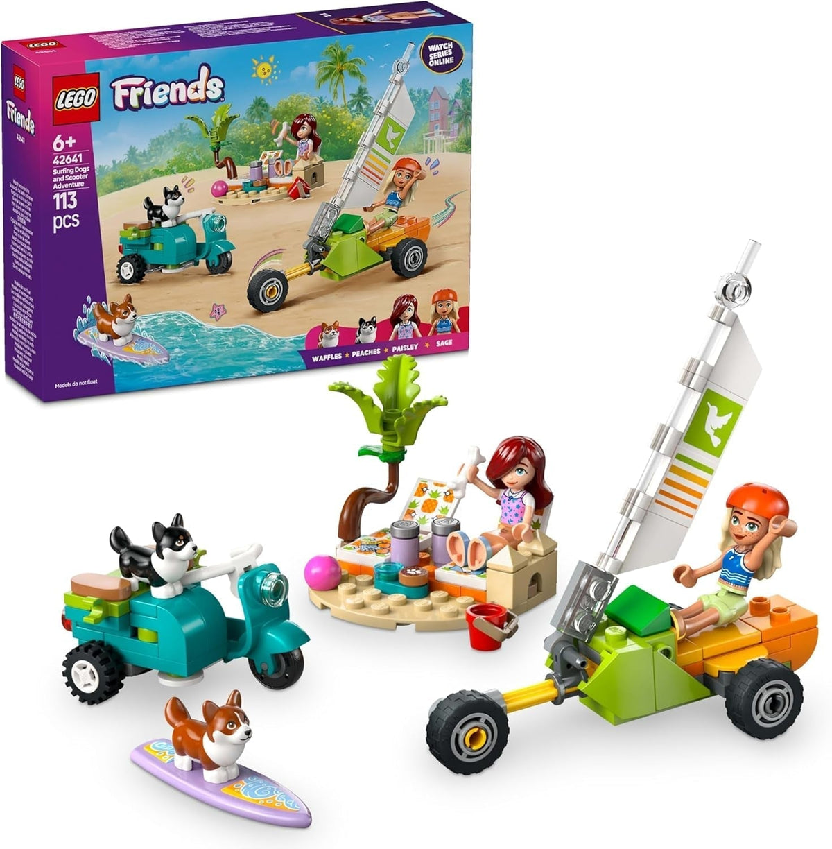 LEGO Friends Beach Adventure cu câini, jucărie de construcție pentru fete de la 6 ani, set de joacă pentru animale cu 2 minifigurine și 2 figuri Corgi, cadou pentru copii creativi, set de construcție de aventură cu placă de surf 42641 Seturi de constructie Besuche den LEGO-Store Titlu implicit