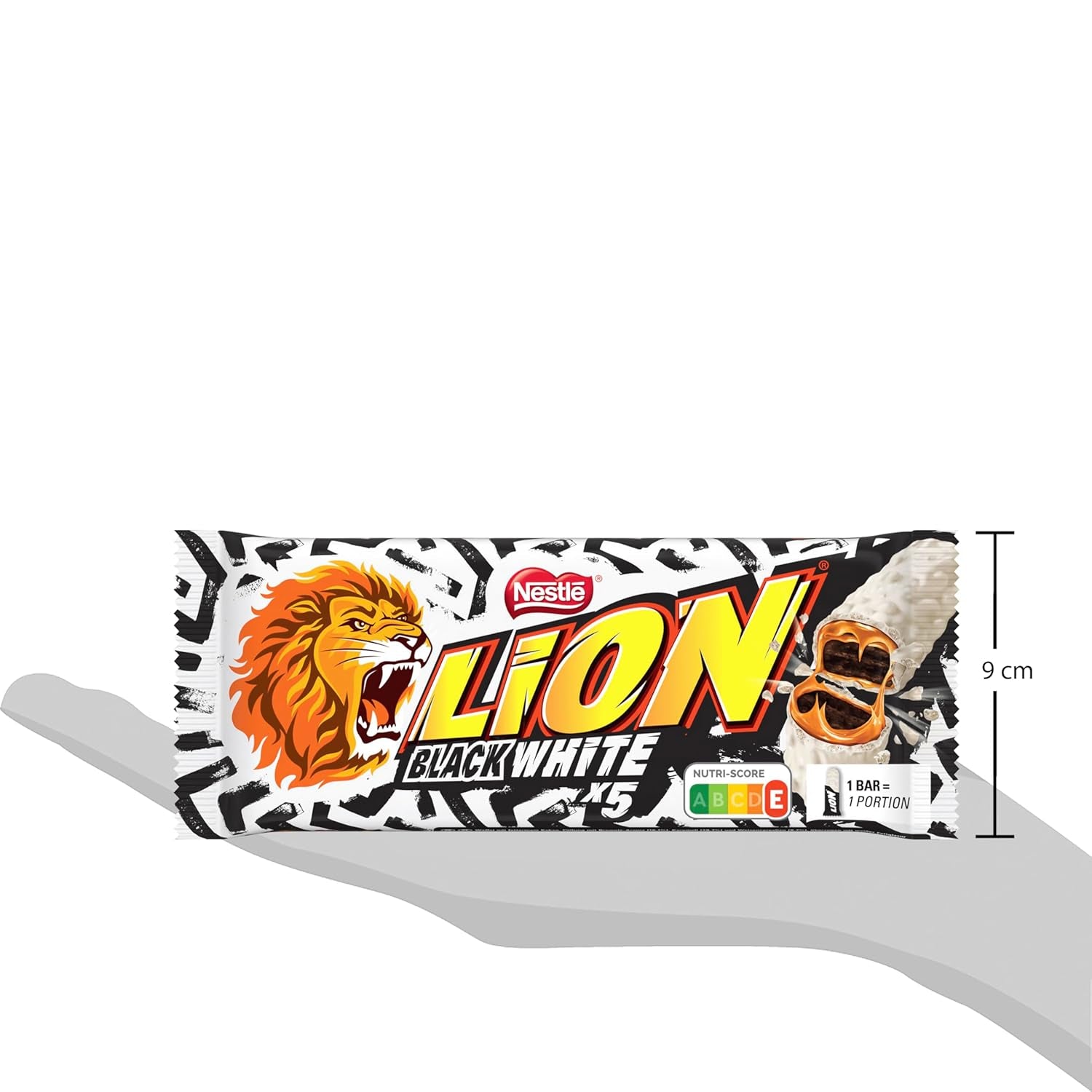 Tavoletta di cioccolato LION Black & White, uno snack dal gusto intenso, cioccolato croccante e gocce croccanti, farcitura brownie, un'esperienza golosa unica, 1 confezione (5 x 30g)