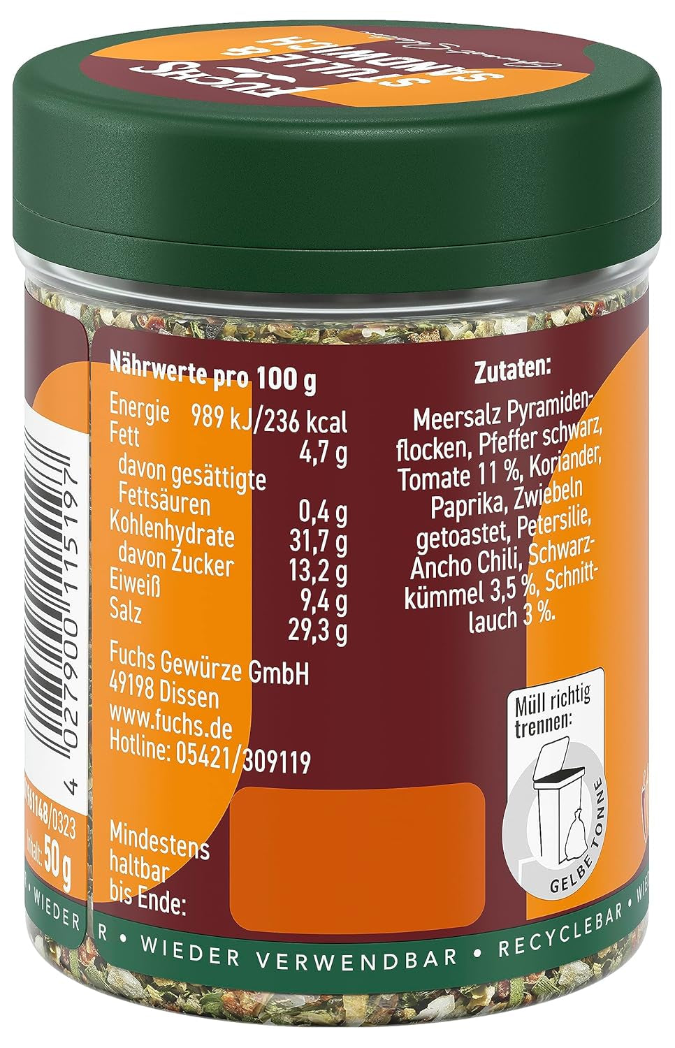 Fuchs Gewürze - Stulle und Sandwich Gewürz - croccante Topping al burro con Pyramidenflocken und getoasteten Zwiebeln - aus natürliche Ingredient - 50 g in wiederverwendbarer, recyclebarer Dose