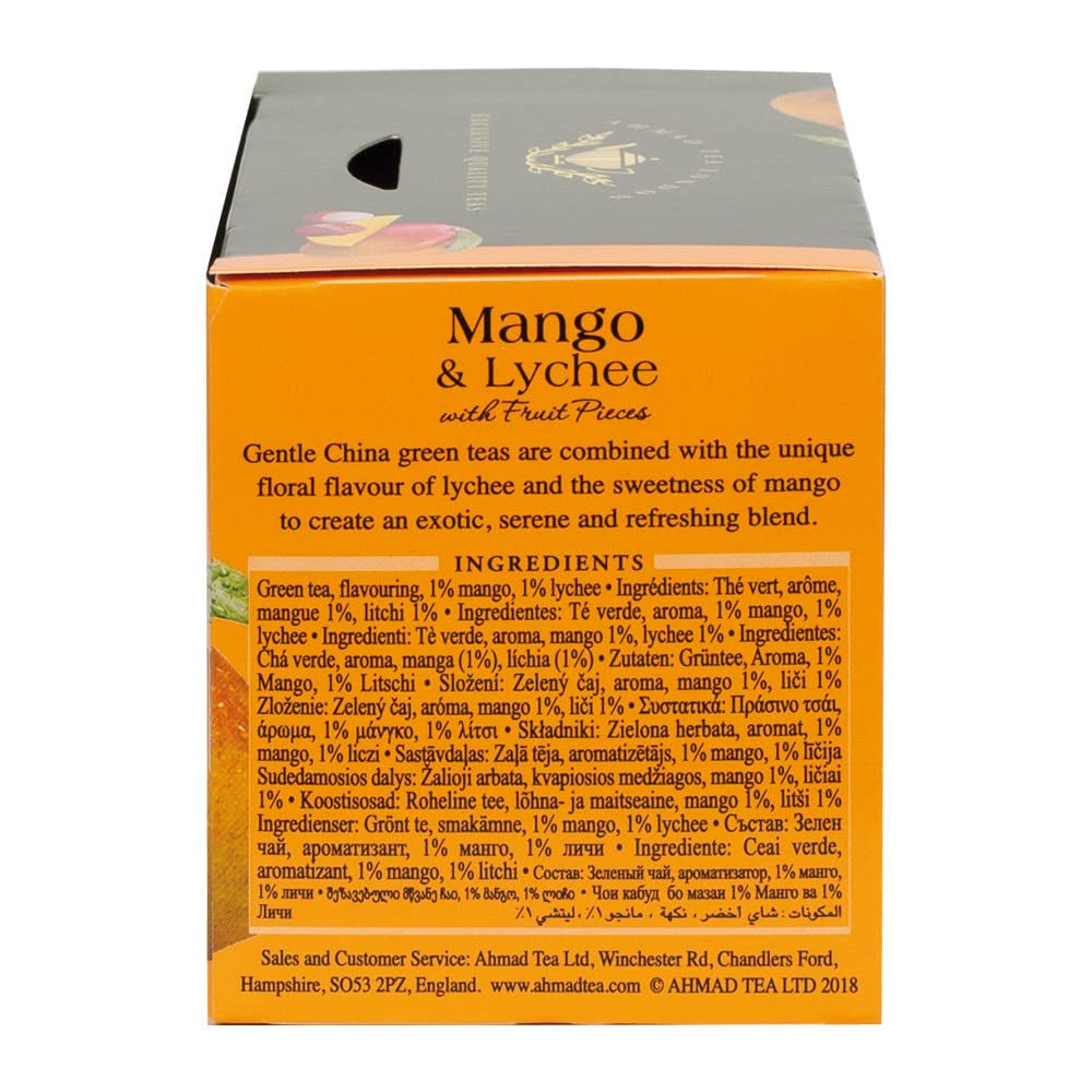 Ahmad Tea - Mango &amp; Lychee - Ceai verde cu mango și litchi - Cu bucăți de fructe - Plicuri de ceai ambalate individual, cu aromă sigilată, cu 2 g de ceai per porție - 20 de pliculețe de ceai cu bandă (pachet cu 2)
