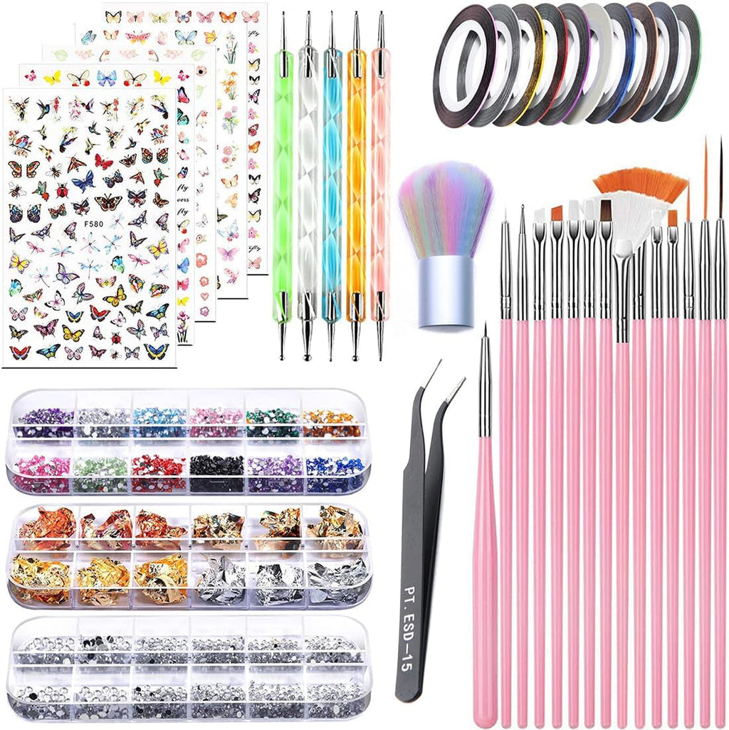 Set de stickere și accesorii pentru unghii - 5 stickere pentru unghii, pensulă, pietre, bandă decorativă, foiță de aur - Perfect pentru manichiură și unghii cu gel - Set de 50 de piese