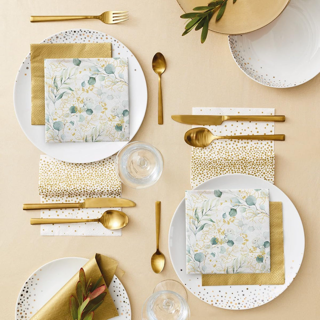 PAW - Șervețele 3 straturi (33 X 33 Cm) I 20 bucăți I Perfect pentru zile de naștere, petreceri, nunți, comuniuni și sărbători I Decor de masă Șervețele de hârtie elegante - Eucalipt auriu I Eucalipt auriu