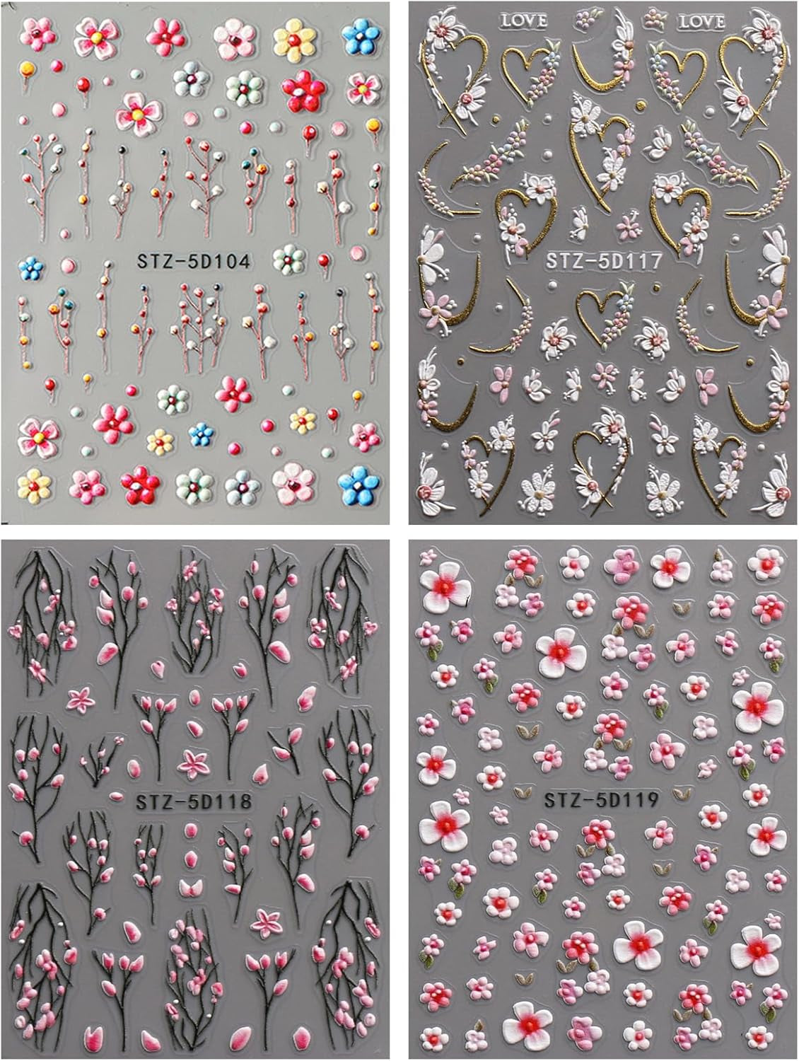 JMEOWIO 3D Nagelsticker Blume Nail Art Sticker Selbstklebend Nagelaufkleber 5D Stereoskopisch Frühling Sommer Floral Dekoration Nageldesign Zubehör 4 Blatt