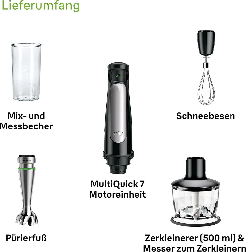 Braun Multiquick 7 MQ 7035X Stabmixer - Purierstab Mit Abnehmbarem Edelstahl Mixfuß Mit Activeblade Technologie Zum Pürieren Der Härtesten Ingredient, Inkl. Set 3-Teiliges Zubehör, 1000 Watt, Schwarz Kitchen Naty Shop