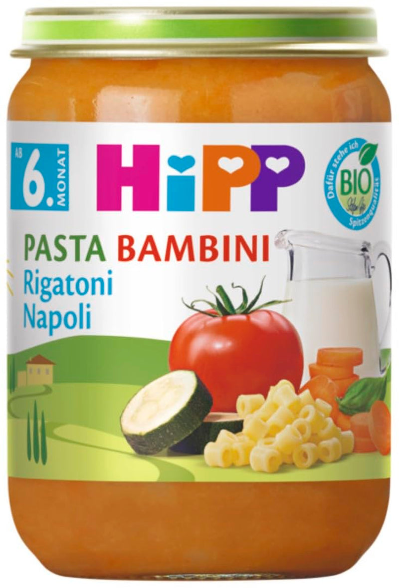 HiPP Pasta Bambini Rigatoni Napoli Organice (6 x 190g), pasto dai 6 mesi, senza sale aggiunto, con Omega-3, della migliore qualità biologica