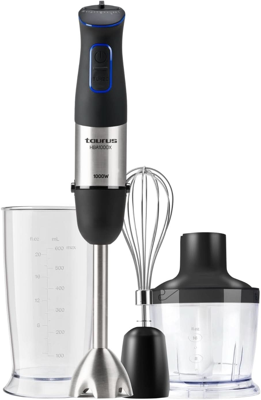 Robot da cucina Taurus 1000W | 20 Geschwindigkeitstufen | Funzione turbo | 4 Edelstahlklingen | Design ergonomico soft-touch | Protezione spritz | Accessori | Edelstahl | Elektrisch |Kunststoff, Argento/Schwarz Madre e bambino Naty Shop 1000W | 3 Accessori