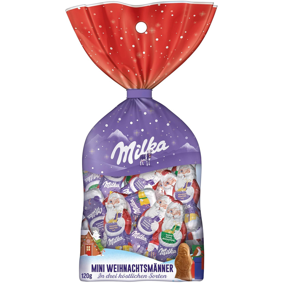 Milka Mini Santas – Mix di latte alpino, crema di latte e nocciole in festosa confezione singola – 120 g