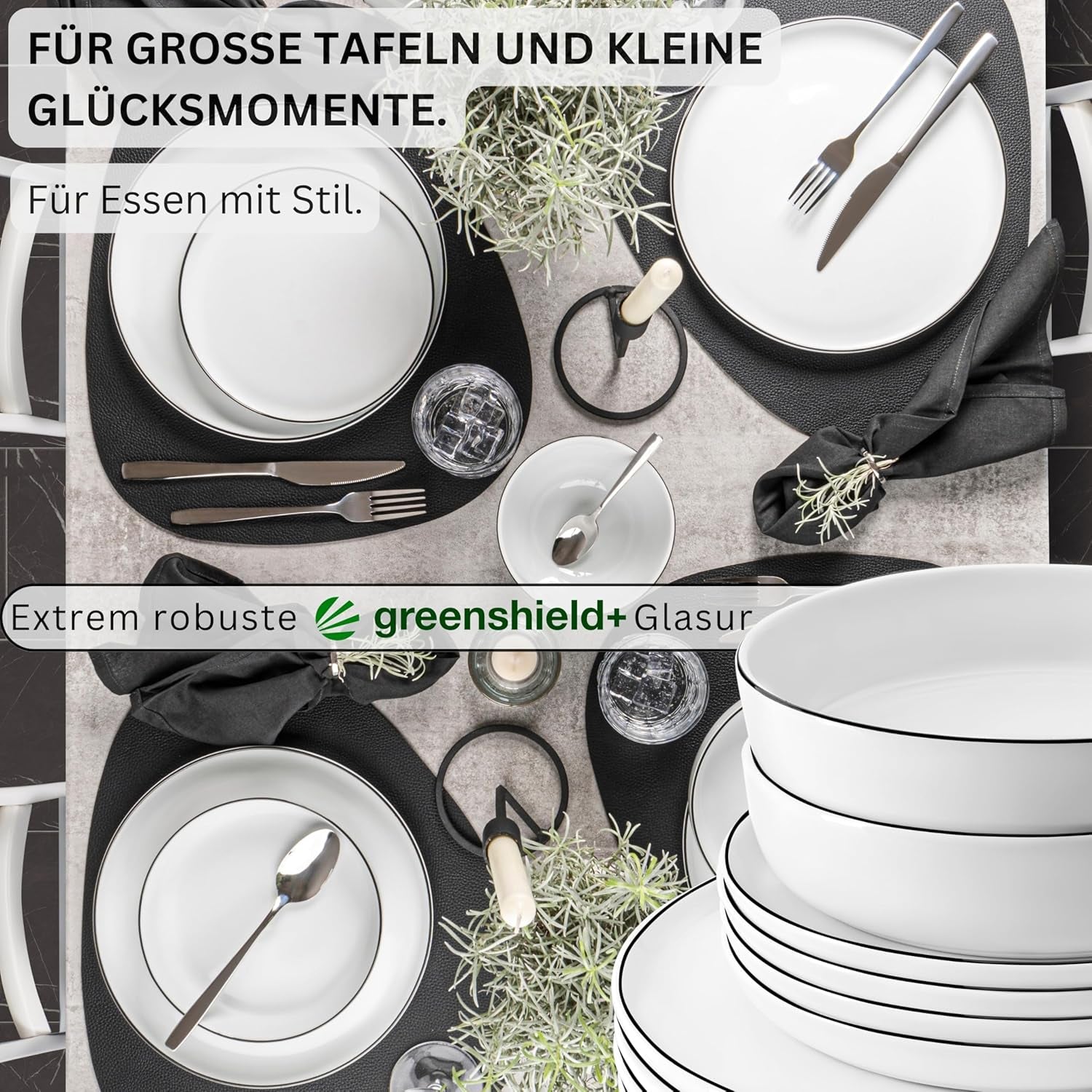 SÄNGER | Set de veselă Marlo cu margine neagră și albă, Set de veselă din porțelan cu 18 piese pentru 6 persoane, Alb cu accente negre, Farfurii de cină, Farfurii și boluri pentru desert, Design modern | COLECȚIA PREMIUM