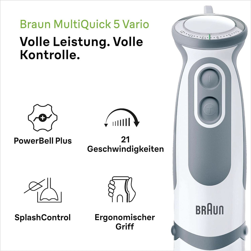 Braun Stabmixer MQ 5200WH - Multiquick 5 Vario Purierstab Mit Edelstahl Mixfuß, 1000 Watt, Inkl. 600 ml Mix- & Messbecher, Bianco/Grau Kitchen Naty Shop