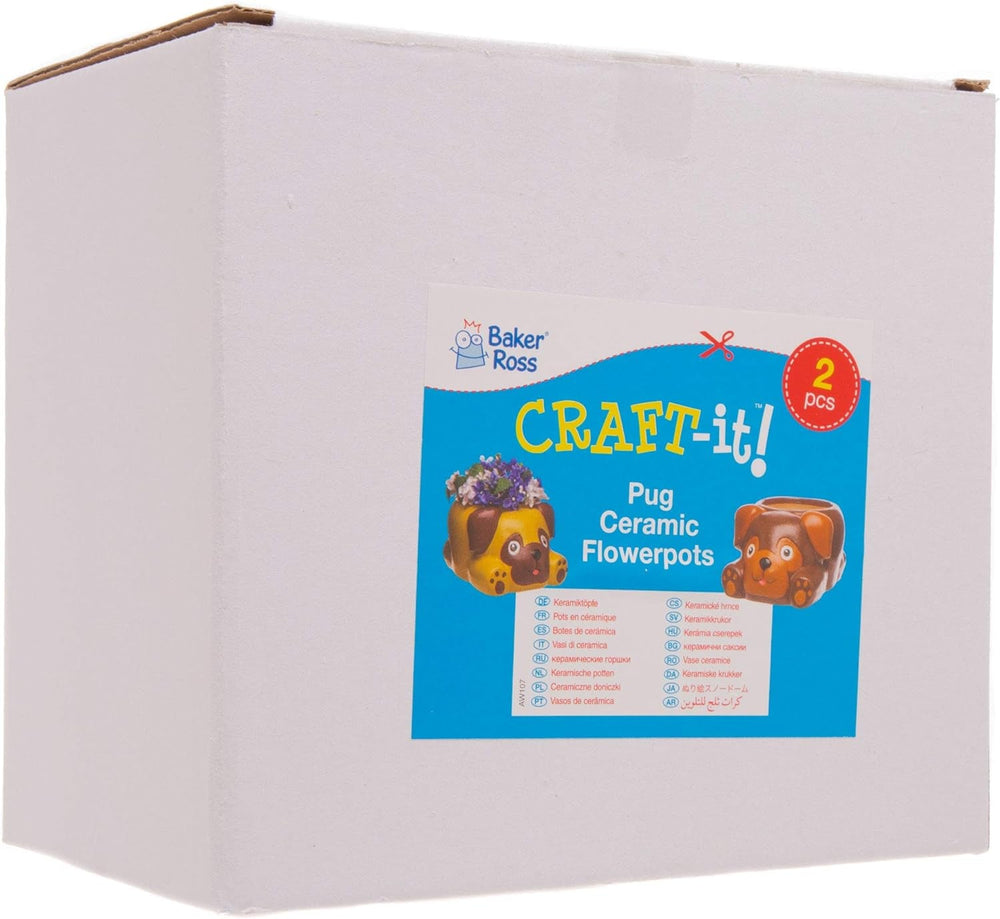 Ghivece ceramice Baker Ross „Pug” (2 bucăți) – pentru ca copiii să le picteze, să le decoreze și să le ofere cadou