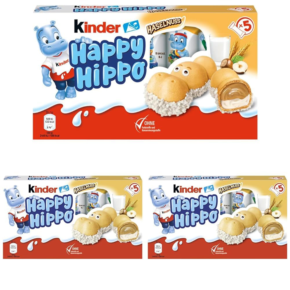Kinder Happy Hippo Hazelnut - Specialità Wafer Croccanti con Crema di Latte e Nocciole - Dolci di Carnevale e Martedì Grasso - 1 confezione contenente 5 barrette individuali da 20,7g ciascuna