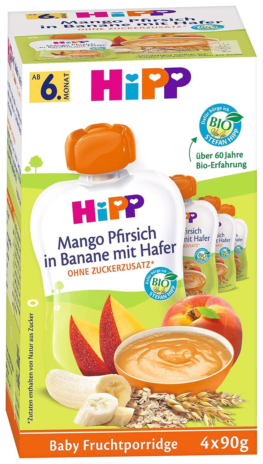 Buste Hipp per neonati, porridge di frutta, mango pesca in banana con avena, frutta 100% biologica senza zuccheri aggiunti, 4 x 4 buste da 90 g Mamma e Bambino Naty Shop 16 x 90 grammi Porridge di frutta mango pesca in purea di banana con avena