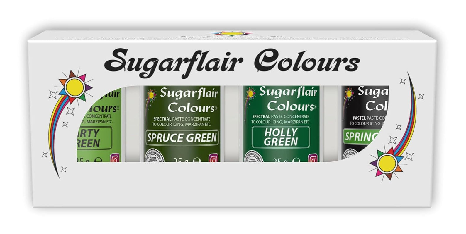 Coloranți alimentari Sugarflair pentru paste, verde, set de 4, coloranți alimentari pentru paste, fondant, marțipan, pastă de zahăr, cremă de unt și multe altele: verde ilex, verde primăvară, verde molid, verde petrecere - set de 4