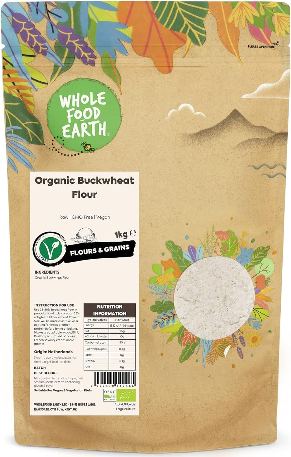 Farina di grano saraceno biologica Wholefood Earth 1kg | Crudele | Non OGM | Vegano | Certificato biologico