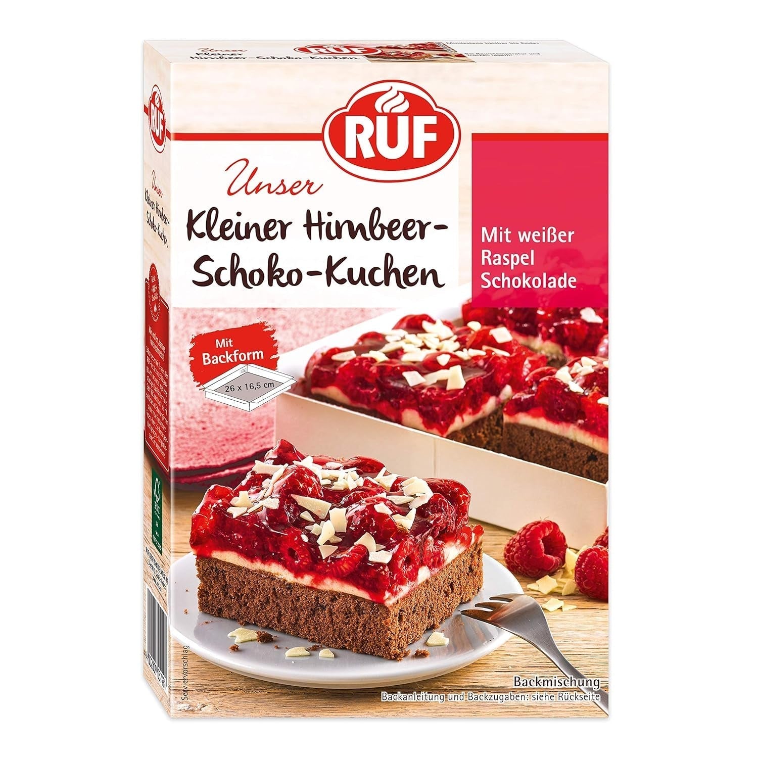 RUF Kleiner Himbeer-Schokokuchen, Mini-Kuchen Mit Feiner Puddingcreme, Himbeeren Und Weißen Schokoraspeln, Inkl. Backform, 1X252G Miscela per cuocere e cucinare Naty Shop 252 G (1Er Pack) Himbeere