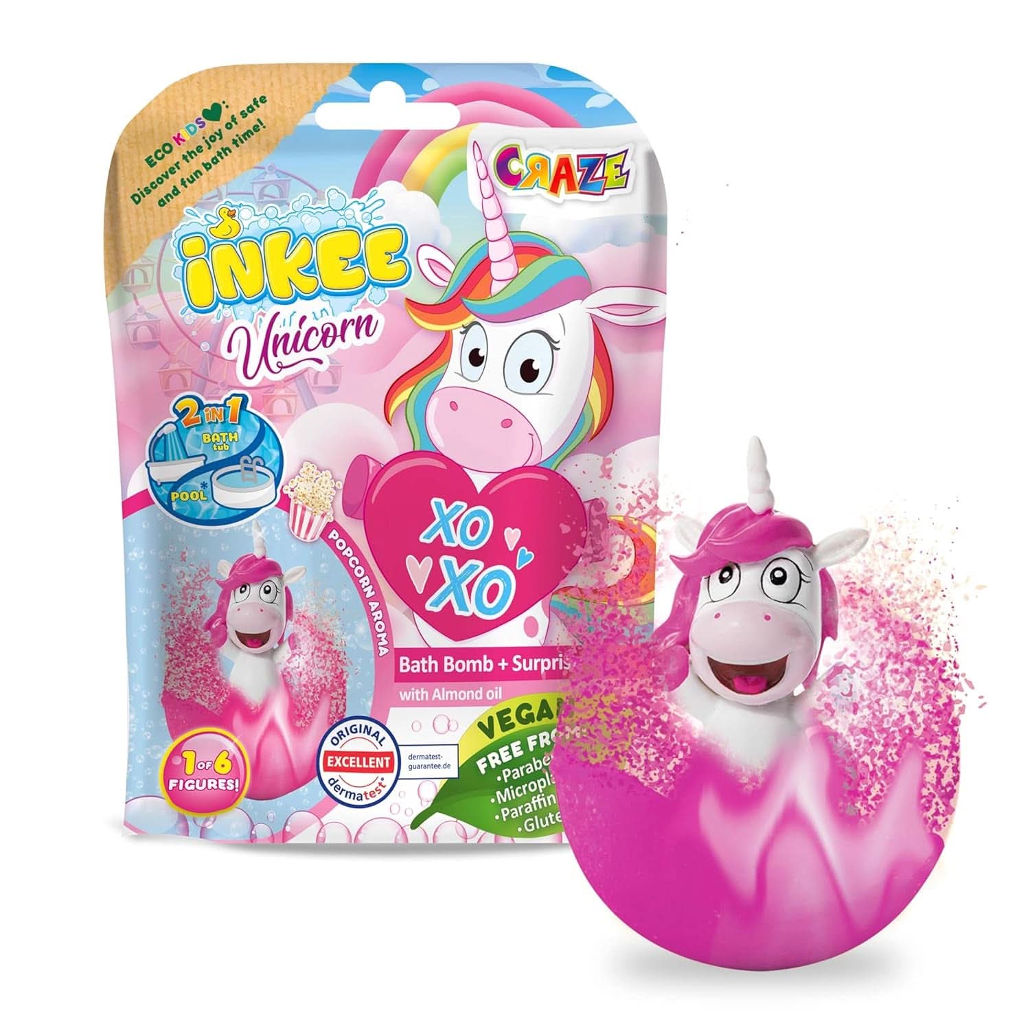 INKEE UNICORN | Bomba de baie pentru copii cu surpriza, 100 G, unicorn, parfum de floricele de porumb Mama si Copilul Naty Shop 1X Unicorn