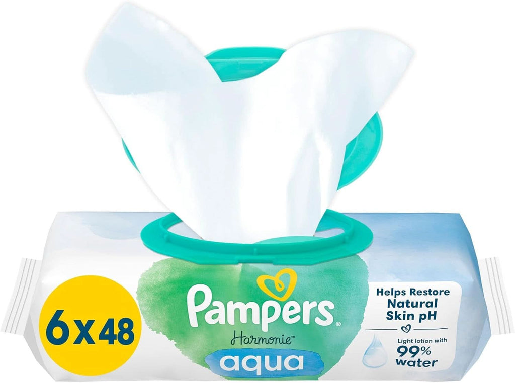 Pampers Harmonie Aqua Feuchttücher 6 Packungen Mit Jeweils 48 Feuchttüchern - 288 Feuchttücher, Die Helfen, Den Natürlichen Ph-Wert Der Haut Wiederherzustellen, Leichte Lotion Mit 99% Wasser Naty Shop Alt