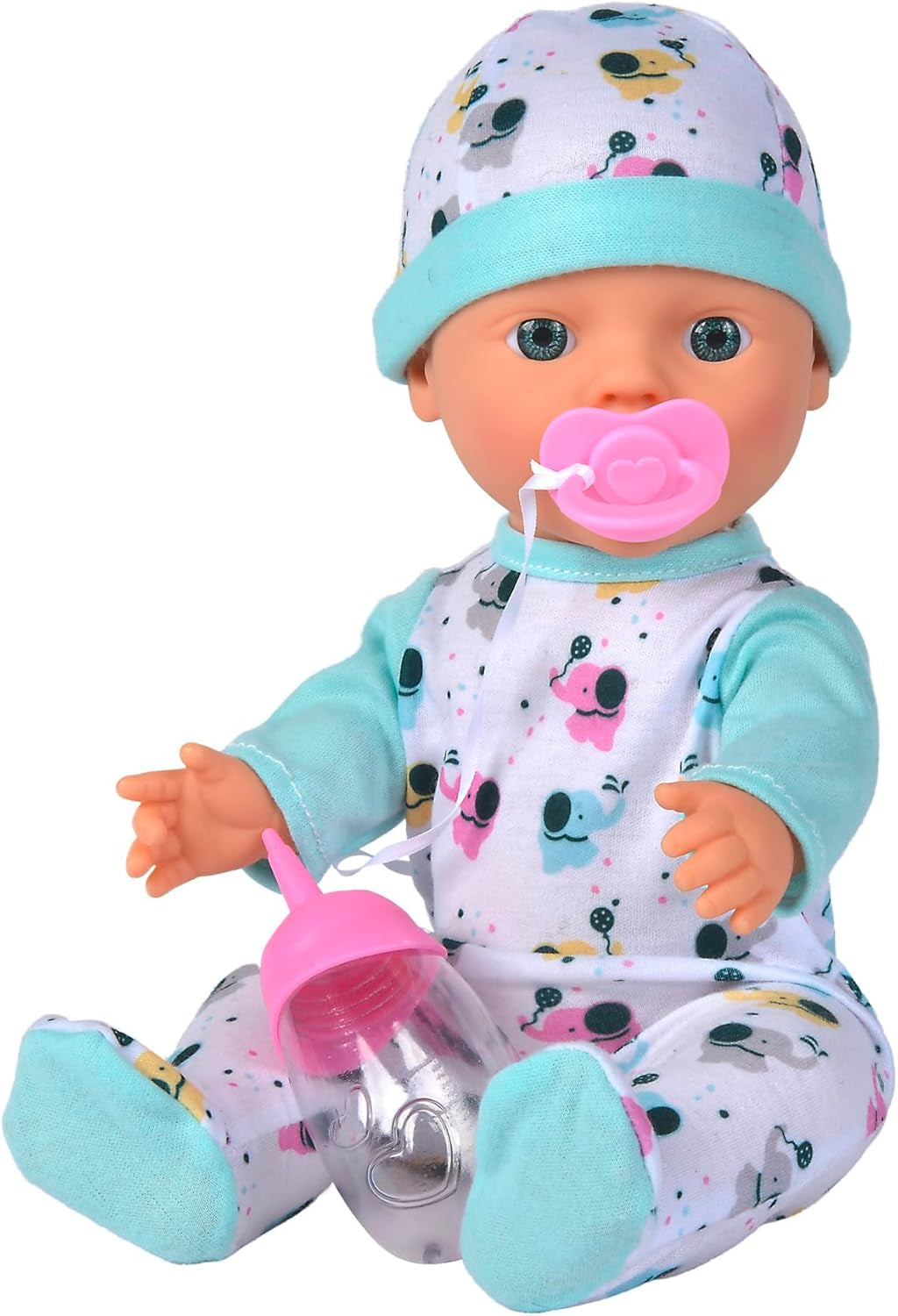 New Born Baby Little Elephant, păpușă din vinil cu funcție de băut și hrănit, biberon și suzetă, 30 cm, de la 2 ani Papusi Naty Shop