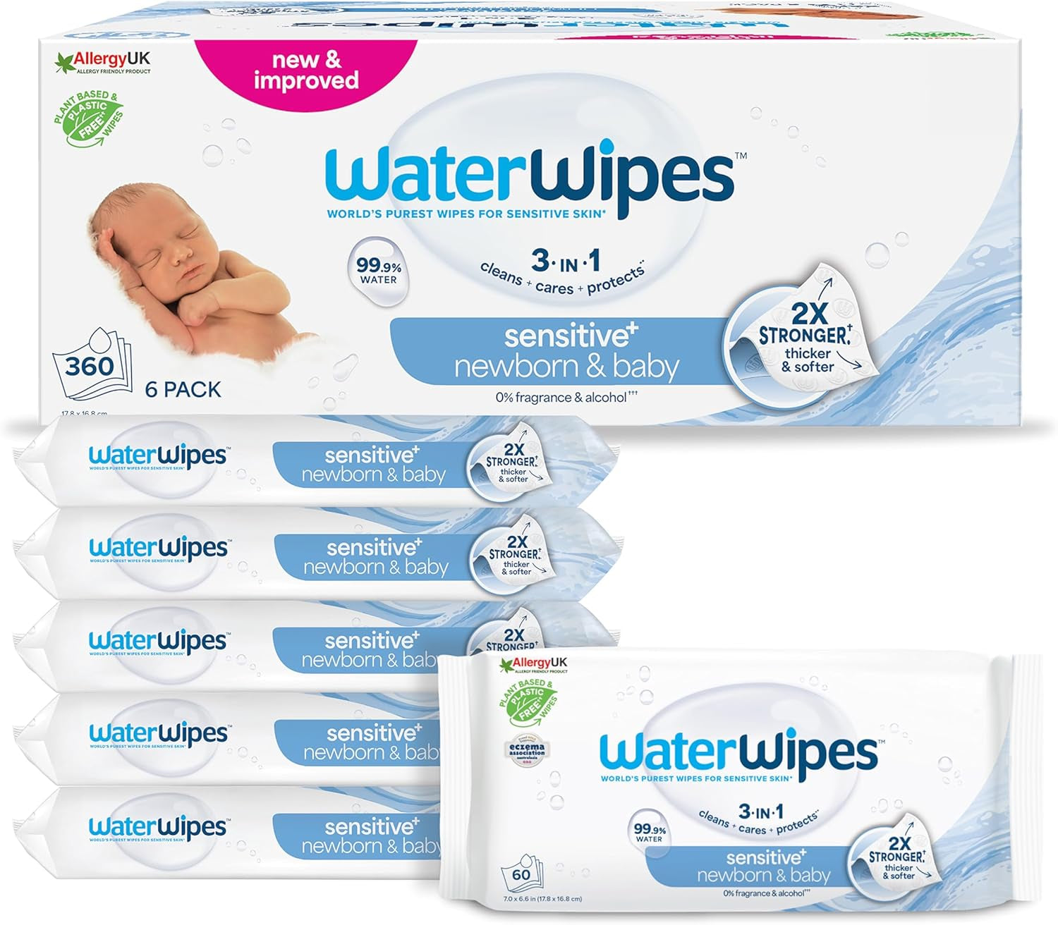 Salviette umidificate WaterWipes Sensitive+ per neonati e bambini, 540 pezzi (9 confezioni), pulizia 3 in 1, cura, protezione, 99,9% acqua, senza profumo