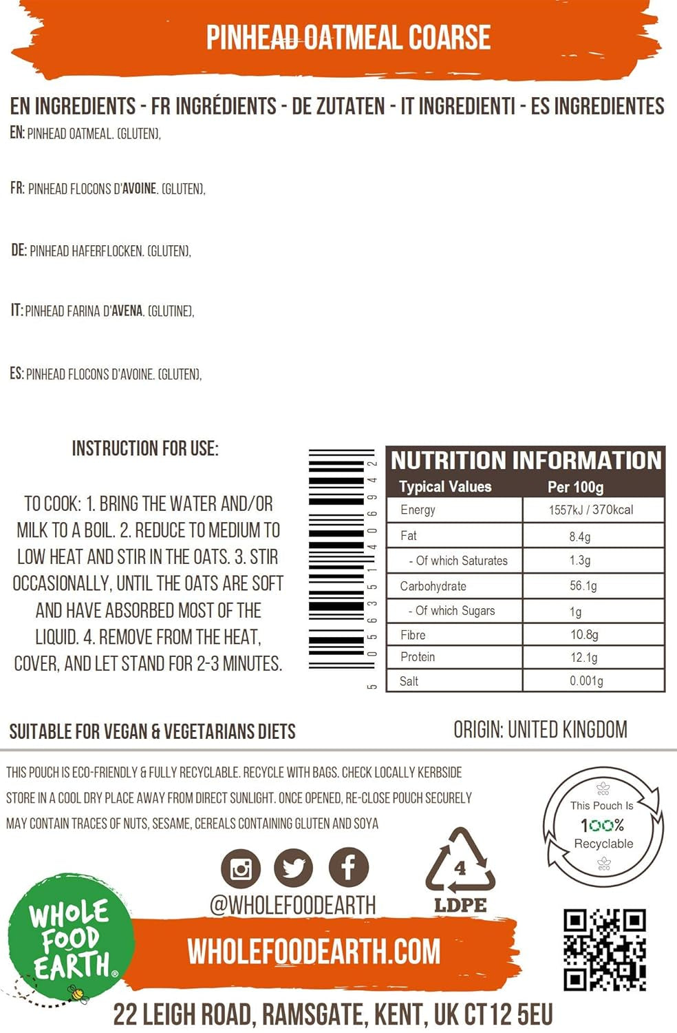 Wholefood Earth Farina d'avena Pinhead grossolana stabilizzata 3 kg | Non OGM | Ricco di fibre