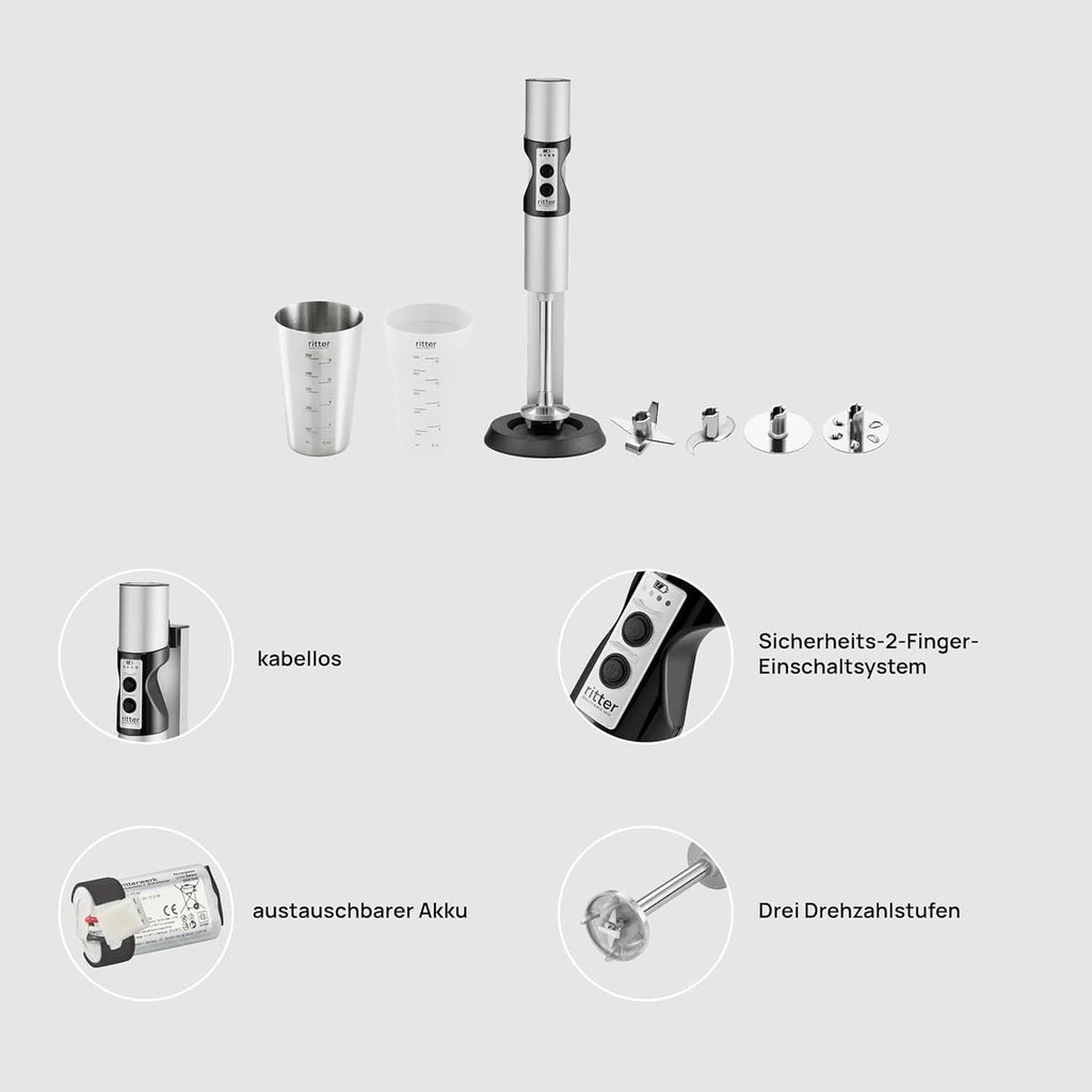 Ritter Stilo 7 plus Kabelloser Stabmixer, Pürierstab Mit Akku Aus Vollmetall, Made in Germany, Silber Bucatarie Naty Shop