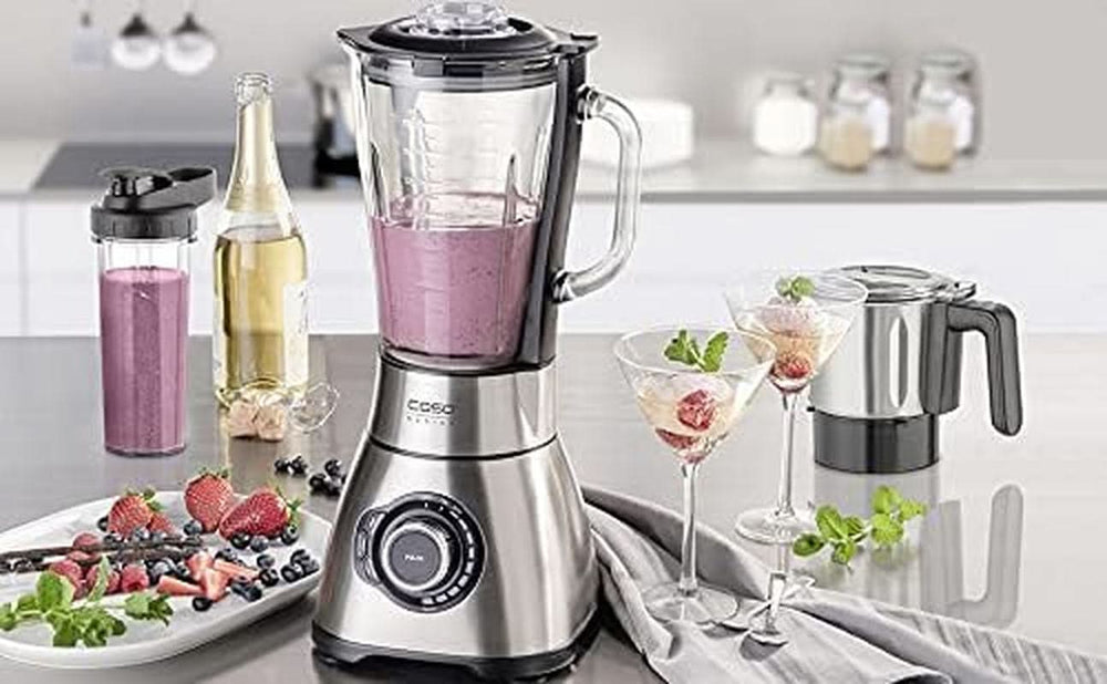 CASO B 1800 Powerblender-Set - Robot da cucina, 28.000 giri/min, bicchiere di vetro 1,75 L, incl. Trinkflasche Und Zerkleiner, Mixer Testsieger Mit Sehr Gut, Edelstahl Naty Shop