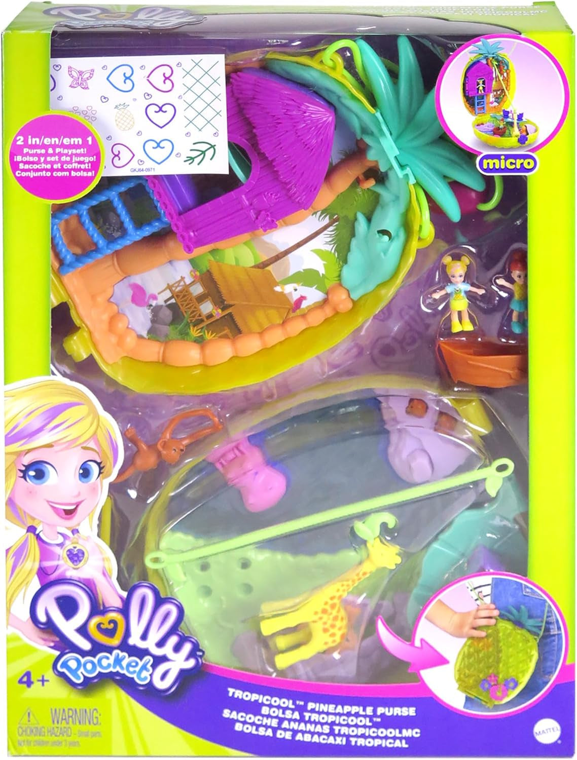 Polly Pocket GKJ64 - Scatola tascabile portatile ad ananas con 8 funzioni divertenti, bambole Polly e Purple, 2 accessori e foglio di adesivi; giocattolo per bambini dai 4 anni in su Papusi Naty Shop