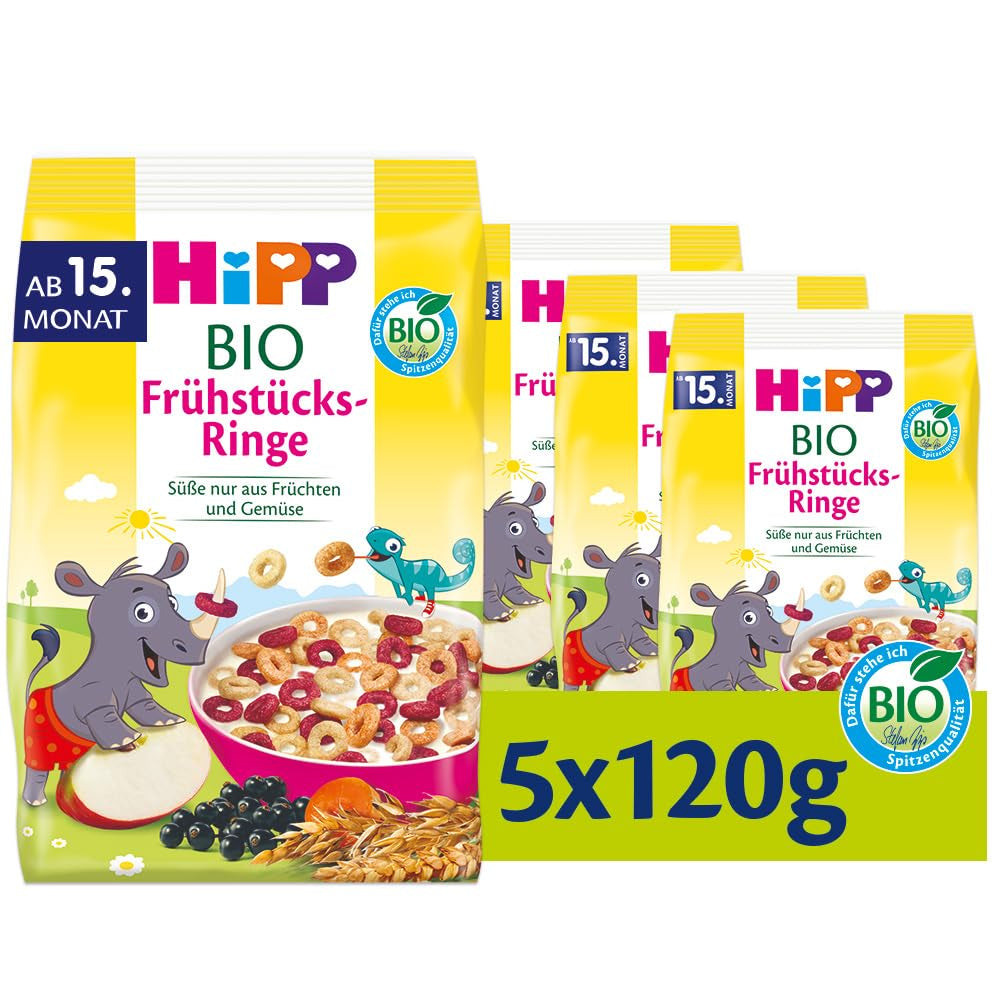Anelli colazione biologica HiPP (5 x 120g), muesli per bambini dai 15 mesi, addolcito solo con frutta e verdura, della migliore qualità biologica