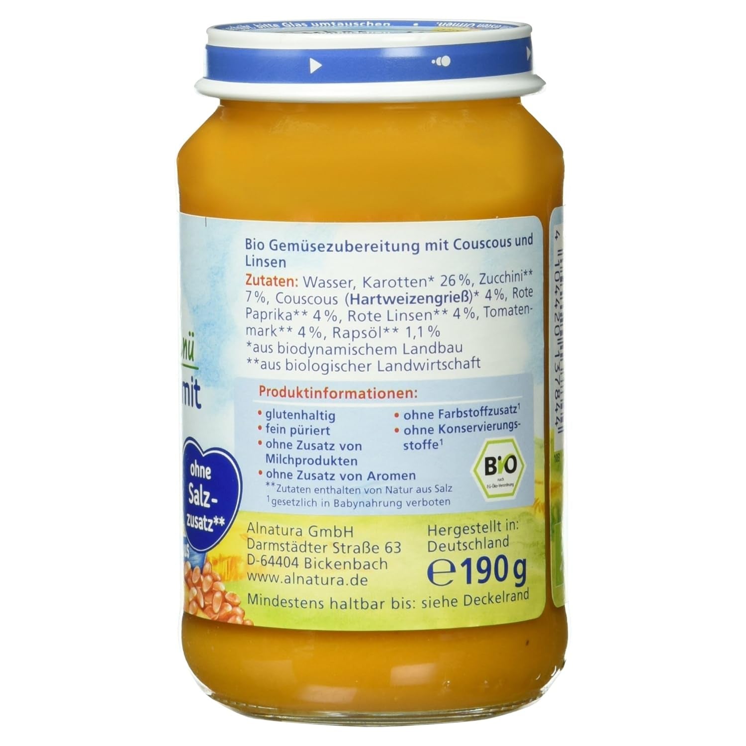 Spezzatino di lenticchie bio con cous cous (dai 6 mesi), 190 g