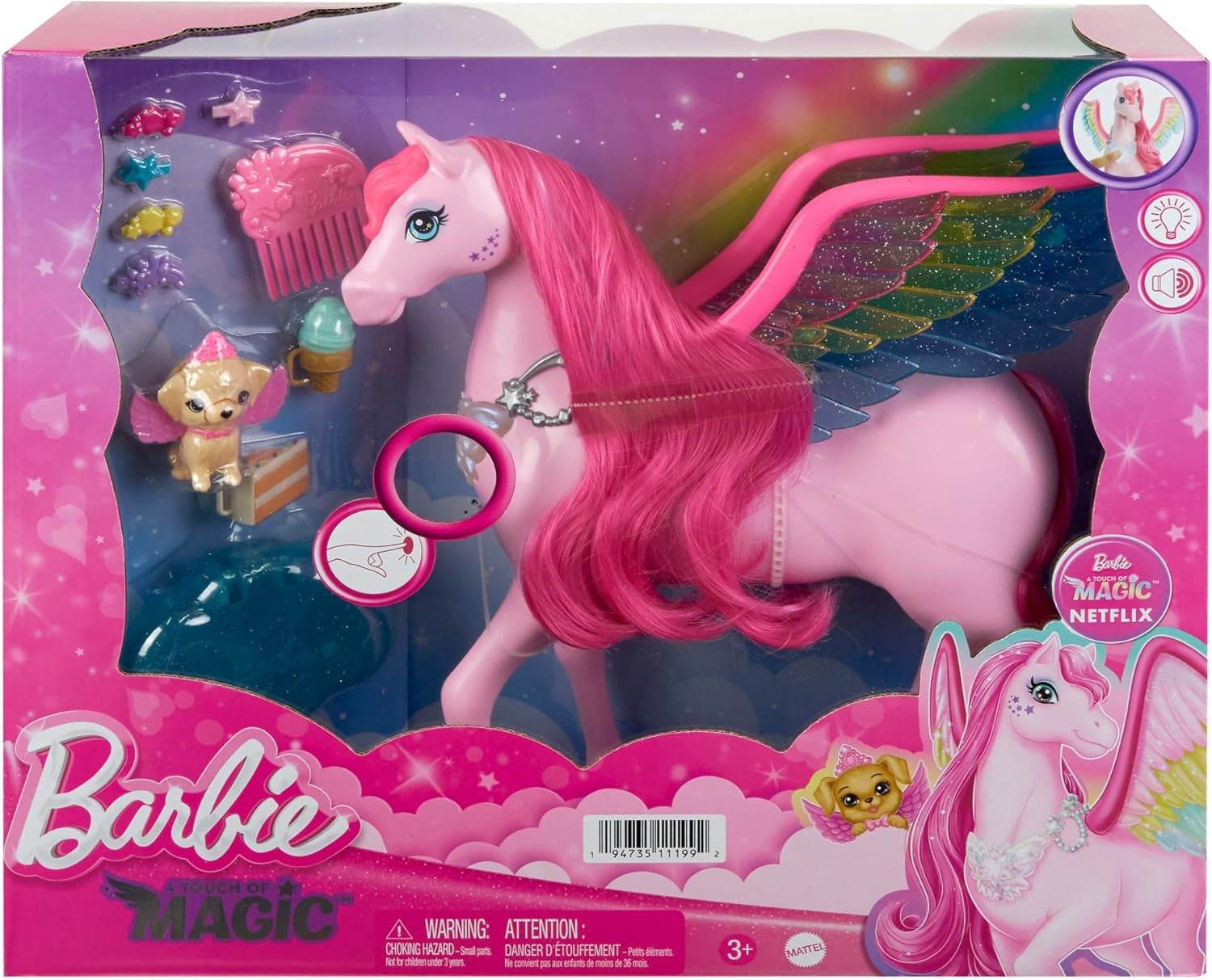 Barbie A Hidden Magic Pegasus - jucărie interactivă cu lumini și sunete, 10 accesorii, aripi curcubeu, pentru copii de la 3 ani, HLC41 Papusi Naty Shop