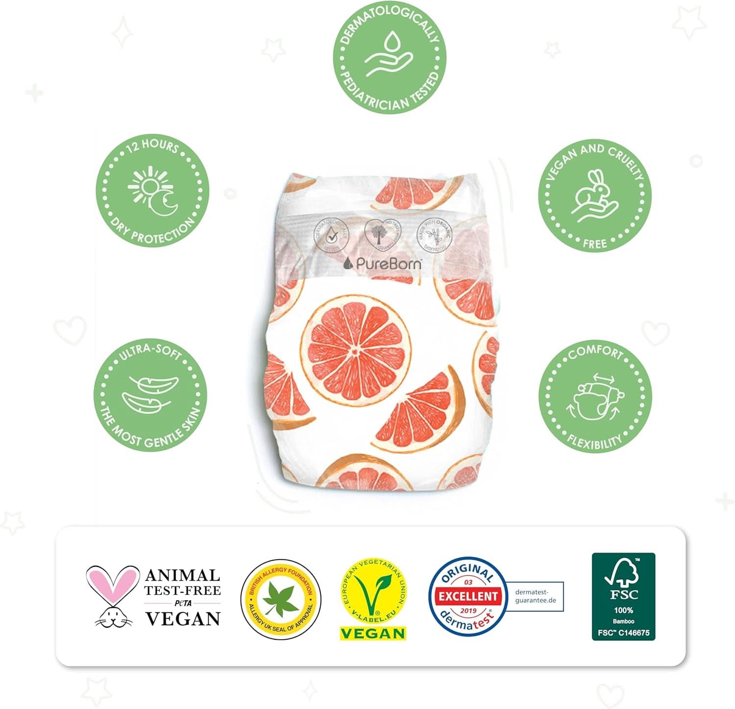 Pannolini Pureborn Eco bambù organico, taglia neonato (fino a 5 kg), ecologici, ipoallergenici, ultra morbidi, con indicatore di umidità, varie stampe Mother and Baby Naty Shop