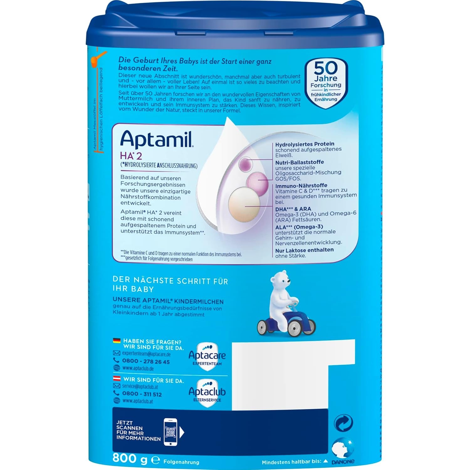 Aptamil HA 2 – Formula di proseguimento dopo 6 mesi, con Omega 3 e 6, DHA, ARA e ALA, Senza lattosio, Senza olio di palma, Alimenti per bambini, Latte in polvere, 1 x 800 g (Confezione da 4)