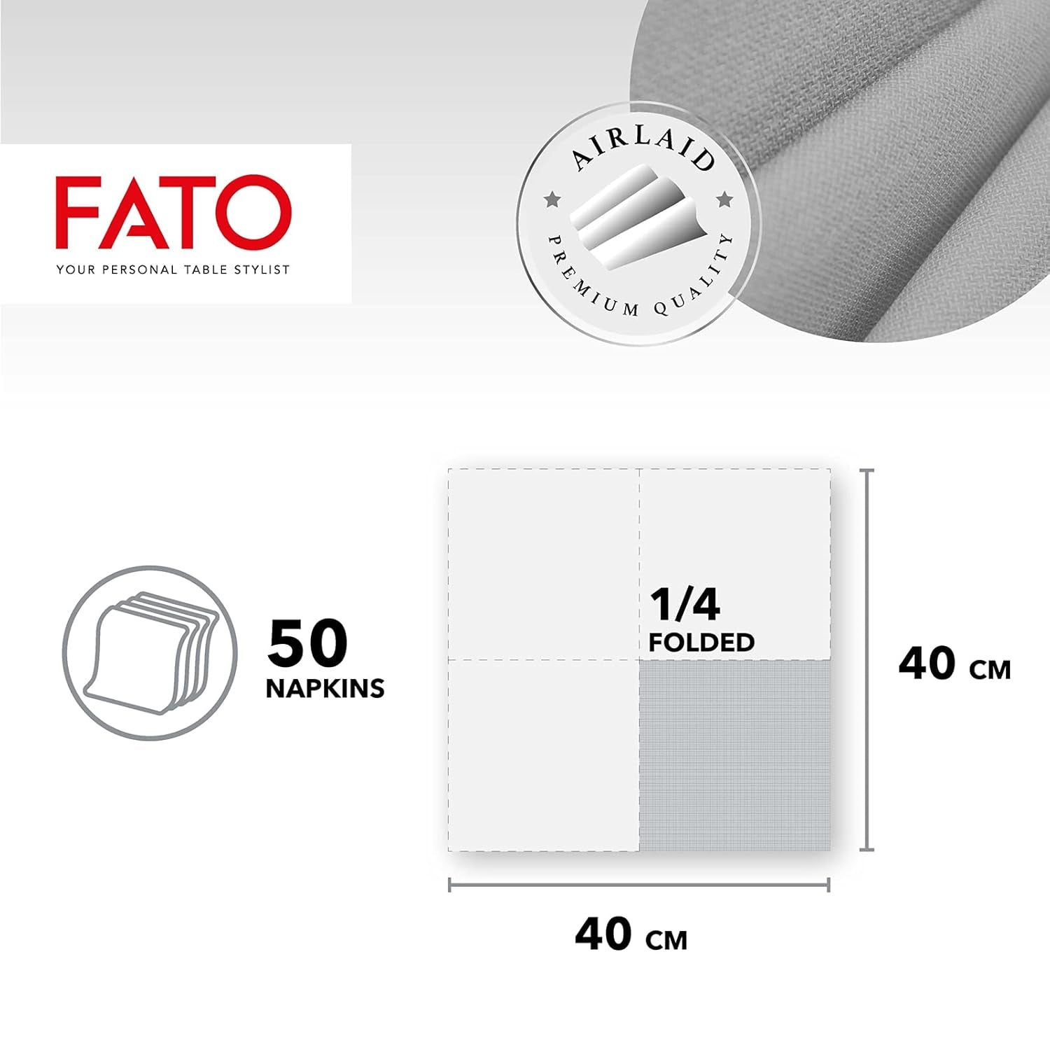 Fato - Șervețele din hârtie uscată, airlaid, efect textil, pachet de 50 de șervețele, format 40X40 pliate în 4, decor Shade Silver
