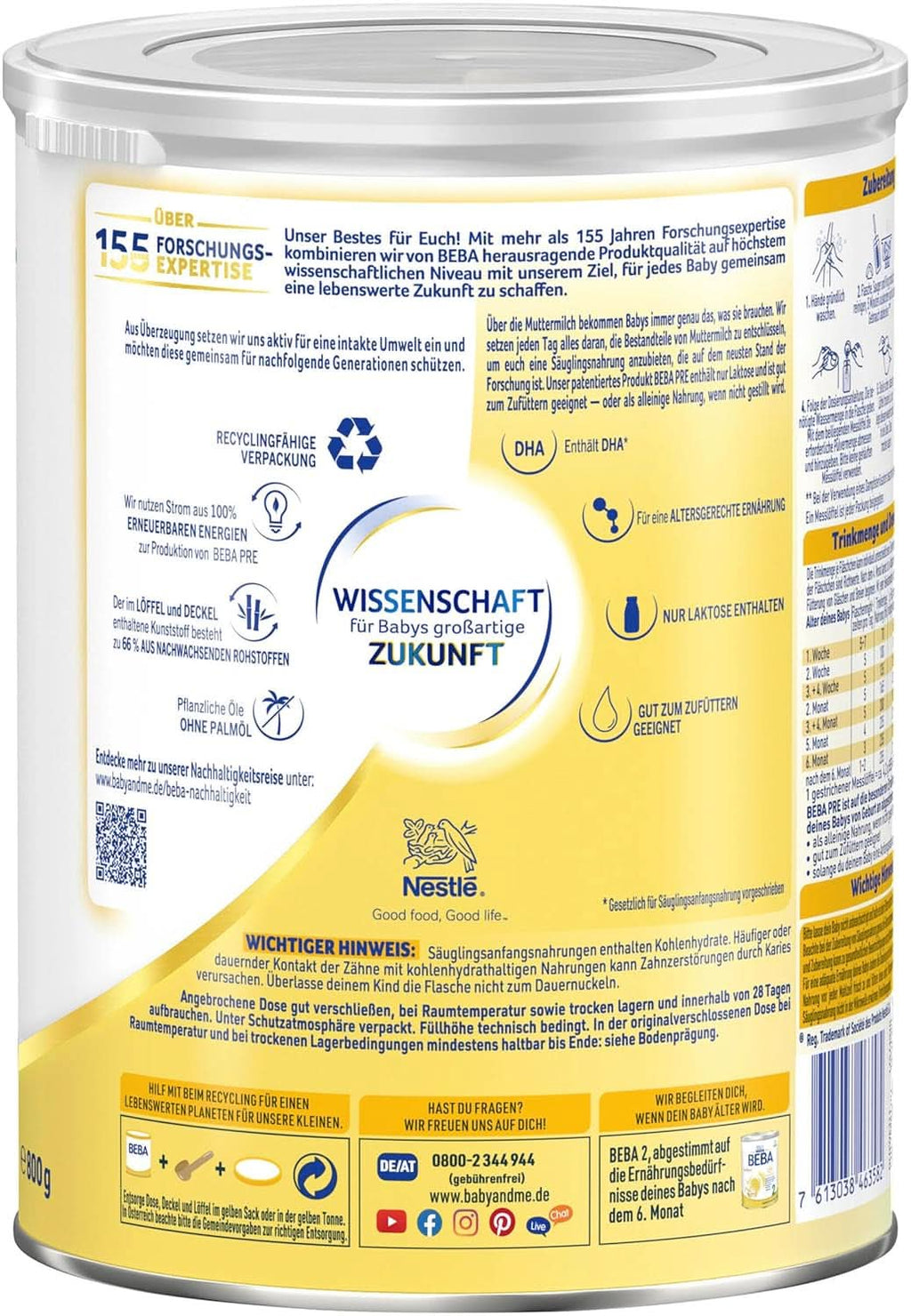 BEBA PRE Lapte inițial de la naștere, hrană pentru copii cu DHA, doar lactoză, fără ulei de palmier, pachet 3 (3 x 800 g) Naty Shop