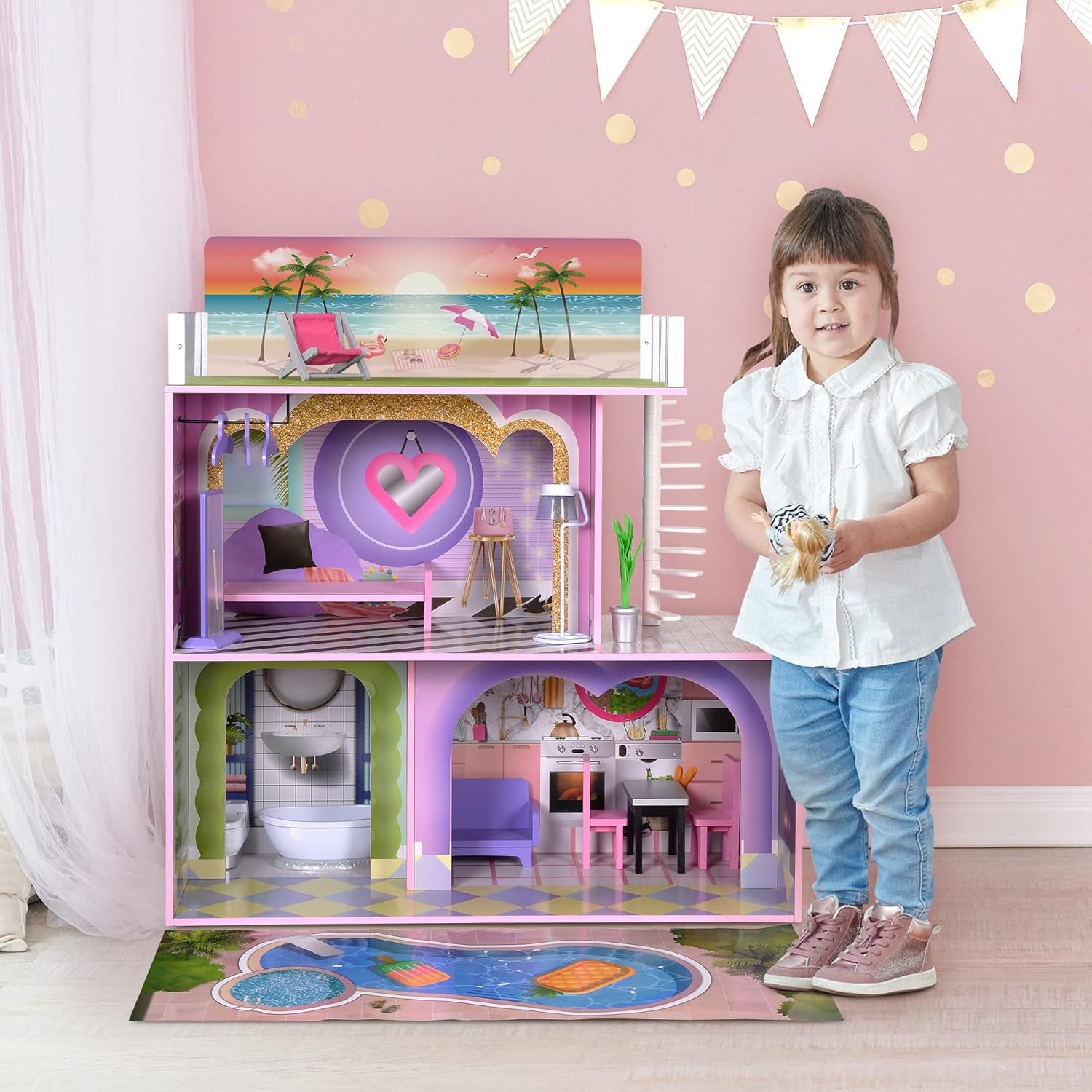 Olivia's Little World Big Dreamland Sunset Contemporary Casa de păpuși interactivă din lemn pentru copii 3 etaje cu 16 accesorii de mobilier pentru păpuși Multi TD-13616A Casute de papusi Naty Shop